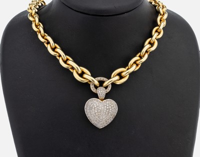 14 kt Gold Diamant-Collier, GG 585/000, Ankerkette im Verlauf, mittiges Glied mit 36 8/8-Diamanten zus. ca. 0.36 ct Weiß/si, herzf. Clipanhänger, ...