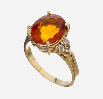 14 kt Gold Citrin-Brillant-Ring, GG 585/000, ovalfacett. Citrin ca. 3.0 ct, schöne Farbe, 6 Brillanten zus. ca. 0.18 ct Weiß/si-p1, RW 53, ca. 4.2 ...