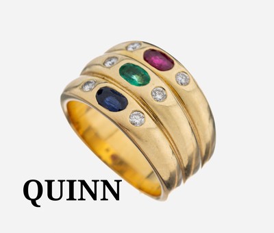 14 kt Gold QUINN Farbstein-Brillant-Ring, GG 585/000, ovalfacett. Rubin, Smaragd und Saphir zus. ca. 0.80 ct, 6 Brillanten zus. ca. 0.24 ct (grav.) ...