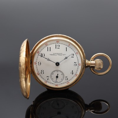 WALTHAM/P.S. BARTLETT schwere Savonette Herrentaschenuhr in RG 585/000, USA um 1890, aufw. guill. und floral graviertes 3-Deckel Goldgehäuse, ...