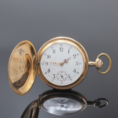 Herrensavonette in GG 585/000, Schweiz um 1910, Geh. dell., guill. Sprung- u. Rückdeckel, Metallcuvette, Emailzifferbl. l. riss., arab. Zahlen, ...