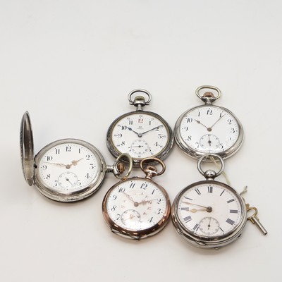 OMEGA offene Taschenuhr sowie 4 weitere Silbertaschenuhren, Schweiz um 1870-1910, 1x Schlüsselaufzug, 4x Kronenaufzug, 1x Savonette, 4x offene ...