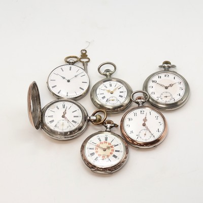 6 Taschenuhren davon 3x Silber und 3x vernickelt, Schweiz um 1880-1915, 1x Schlüsselaufzug, 5x Kronenaufzug, 1x Halbsavonette, 5x offene ...