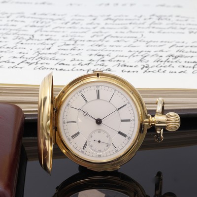 HUGUENIN 170 Gramm schwere Herrensavonette in GG 750/000 mit Minuten-Repetition und Chronograph , Schweiz um 1890, schweres guill. 3 Deckel Goldgeh. ...