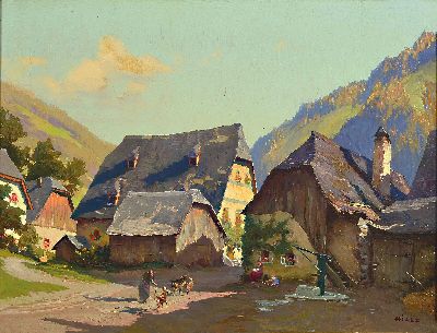 Anton Hille, 1866-1921 Dresden, Bergdorf, Öl/Lwd, sonnenüberflutete Dorfstrasse mit Personenstaffage, rechts unten sign., ca. 40x53 cm, R. ca. ...