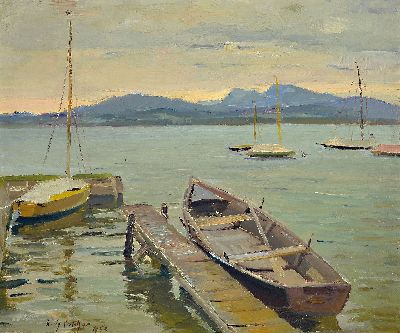 Willy Walcher, 1914-86, Boote am See, Öl/Hartfaser, unten links signiert und dat. 1958, ca. 51x60.5 cm, Rahmen ca. 63x72.5 cm