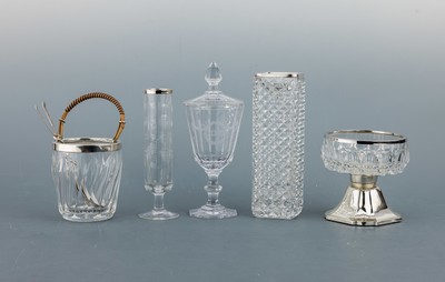 Konvolut Glasgefäße, 1 x Sektglas, geometrisches geschliffenes Dekor, Silbermontur, 925er Silber, Hersteller WILHELMBINDER, H. ca. 19 cm; 1 x ...