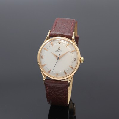 OMEGA Herrenarmbanduhr im französischen Rosegold 750/000 Gehäuse, Hammerautomatik, Schweiz/Frankreich um 1952, Boden u. Glasrand aufgedr., ...