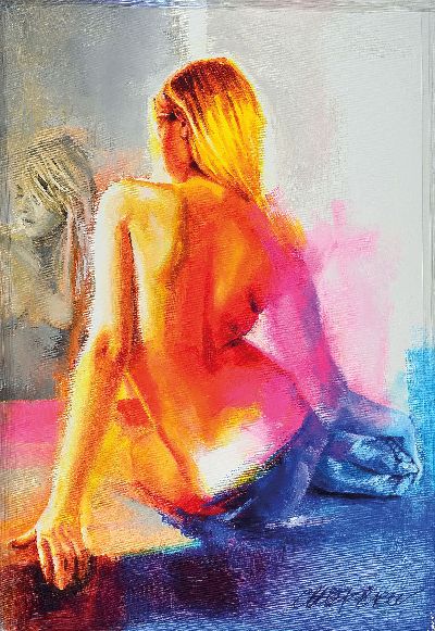 Talantbek Chekirov, geb. 1971 Kirgisistan, Lina vor dem Spiegel, Öl und Acryl auf Lwd, signiert, ca. 100x70cm