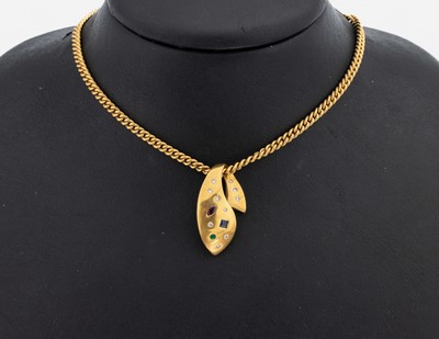 18 kt Gold Farbstein-Brillant-Anhänger, GG 750/000, rundfacett. Smaragd, Rubin-Navette und Saphir-Carree zus. ca. 0.20 ct, 10 Brillanten zus. ca. ...