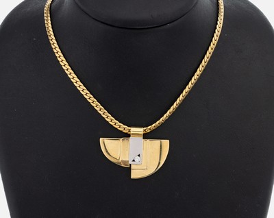 14 kt Gold Brillant-Anhänger, GG/WG 585/000, geometrisch, Brillant ca. 0.16 ct (grav.) Weiß/si, an Flachpanzerkette, Karabinerschließe, L. ca. 45 ...