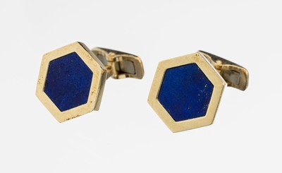 Paar 14 kt Gold Lapislazuli-Manschettenknöpfe, GG 585/000, hexagonale Form mit Lapislazuli-Einlagen, ca. 15.9 g, MeistermarkeKW unged.