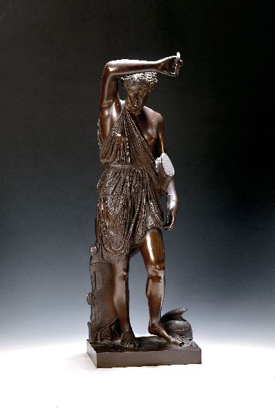 Große 90cm Bronzefigur, Barbedienne, um 1890, stehende Amazone, Bronze patiniert, auf der Platte bez. F. Barbedienne Fondeur, orig. Holzsockel, ...