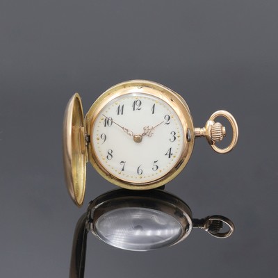 Damensavonette in RG 585/000, Schweiz um 1910, Geh. dell., Sprungdeckel m. Monogramm, Metallcuvette, Emailzifferbl. m. arab. Zahlen, gold. Zeiger, ...