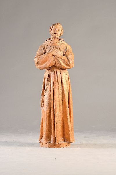 Heiligenfigur, wohl süddeutsch, Hl. Franziskus, 19. Jh., Lindenholz geschnitzt, Altersschäden, ursprünglich gefasst, H. ca. 100 cm