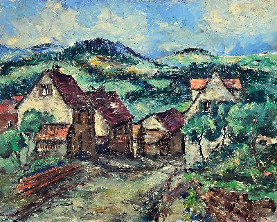 Heinz Reiss, 1923 Haßloch-2008, pfälzer Dorflandschaft am Haardtrand, monogrammiert und datiert 1965, Öl/Lwd, Rahmen 44x54 cm