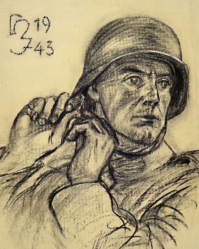 Hermann Jürgens, 1914 Heidelberg-1967 Godramstein, zwei Kohlezeichnungen als Pendants, Wehrmachtssoldaten beim Festziehen ihrer Helm, je ...