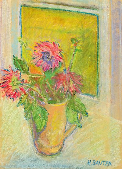 Hermann Sauter, 1891 Germersheim-1981 Landau , kleiner Strauß im Krug am Fenster, Pastell/Malkarton, rechts unten signiert, unter Glas gerahmt 52x38 ...