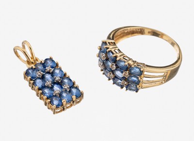 14 kt Gold Saphir-Diamant-Schmuckset, GG 585/000, best. aus: 1 Ring, RW 60, 12 ovalfacett. Saphire zus. ca. 1.80 ct, 6 8/8-Diamanten zus. ca. 0.03 ...