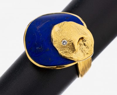 18 kt Gold Lapislazuli-Brillant-Ring, GG 750/000, abstraktes Design, Lapislazuli- Einlage, Brillant ca. 0.02 ct (grav.) Weiß/si, RW 60, ca. 10.3 g