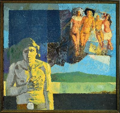 Heinz Broszka, 1942 Kattowitz-2015 Ludwigshafen, surrealistisch inszentierte Figuren-Komposition , 1979, Harzöl auf Leinen, rechts unten sign., ...