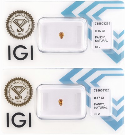Lot 2 lose Diamant-Tropfen, 1 x 0.17 ct, 1 x 0.15 ct, beide natural fancy intense yellowish orange/si2, jew. eingeschweißt, IGI-Expertisen anbei