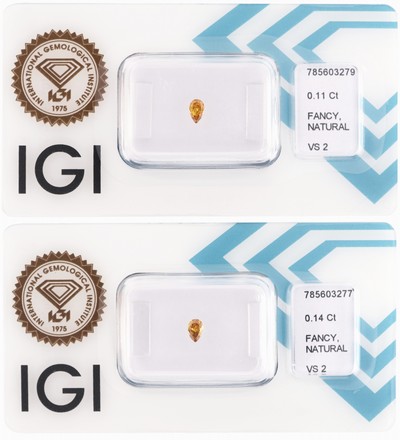 Lot 2 lose Diamanten, 1 x 0.14 ct Natural Fancy Intense Yellow Orange/vs2, 1 x 0.11 ct Natural Fancy Intense Orangy Yellow/vs2, jew. eingeschweißt, ...