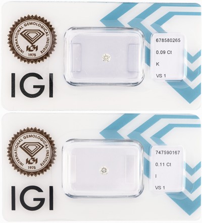 Lot 2 lose Brillanten, 1 x 0.11 ct l.get.Weiß (I)/vs1, 1 x 0.09 ct get.Weiß(K)/vs1, jew. eingeschweißt, IGI-Expertisen anbei