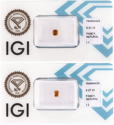 Lot 2 lose Diamanten, 1 x 0.31 ct Natural Fancy Intense Yellow Orange/p1, 1 x 0.27 ct Natural Fancy Intense Orangy Yellow/p2, jew. eingeschweißt, ...