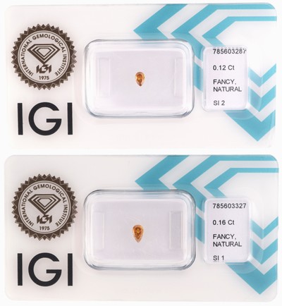 Lot 2 lose Diamanten, 1 x 0.16 ct Natural Fancy Intense Brownish Yellow/si1, 1 x 0.12 ctNatural Fancy Intense Brownish Yellow/si2, jew. ...