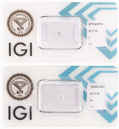 Lot 2 lose Brillanten, 1 x 0.17 ct Weiß(H)/p1,1 x 0.17 ct l.get.Weiß(I)/p1, jew. eingeschweißt, IGI-Expertisen anbei