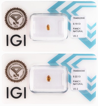 Lot 2 lose Diamanten, 1 x 0.22 ct Natural Fancy Intense Orangy Yellow/vs2, 1 x 0.19 ct Natural Fancy Intense Orangy Yellow/vs2, Tropfen, jew. ...