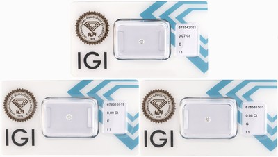 Lot 3 lose Brillanten, 1 x 0.08 ct feines Weiß(G)/p1, 1 x 0.07 ct hochfeines Weiß(E)/p1,1 x 0.09 ct feines Weiß+(F)/p1, jew. eingeschweißt, ...