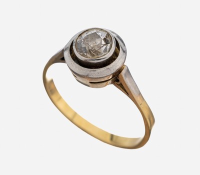 18 kt Gold Diamant-Ring, 1920er Jahre, GG 750/000 und Silber, Altschliffdiamant ca. 0.25ct Weiß/si, RW 52, ca. 2.9 g, Reinigung empfohlen