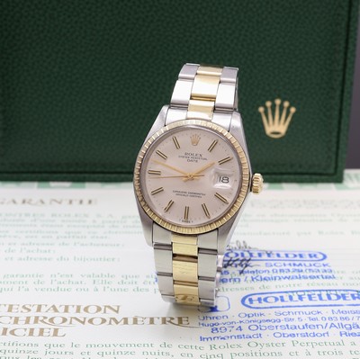 ROLEX Oyster Perpetual Date Herrenarmbanduhr Referenz 1505, Automatik, Chronometer der Superlative in Edelstahl, verg. Lünette, Boden und Goldkrone ...