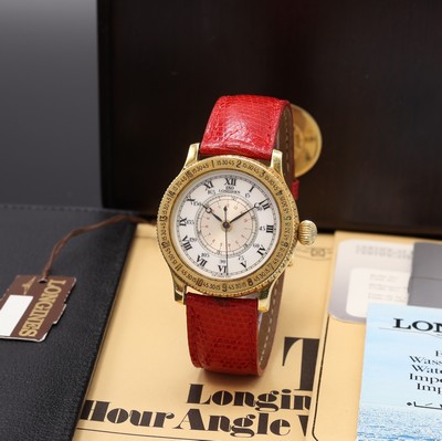 LONGINES Stundenwinkeluhr "Hour Angle" nach Charles A. Lindbergh Referenz 5230-628, Schweiz um 1987, Automatik, GG 750/000 Geh., Boden ...