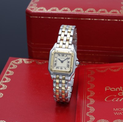 CARTIER Panthere Damenarmbanduhr Referenz 166921, Schweiz um 1990, Edelstahl/Gold kombiniert inkl. Gliederband m. dopp. Faltschl., quarz, Boden ...
