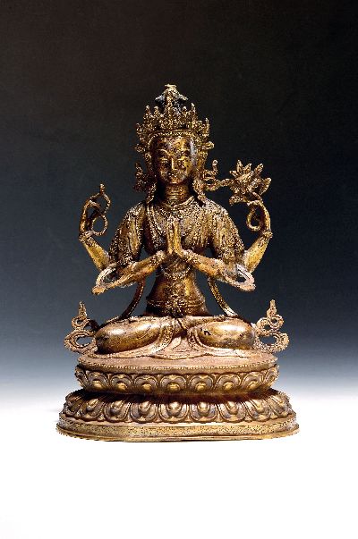 Chinesische Bronze Figur, Avalokiteshvara, Tibet, wohl um 1900, vierarmiger Boddhisattva Avalokiteshvara in sitzender Haltung, doppelter Lotussockel, ...