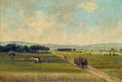 Julius Dielmann, 1862-1931 Frankfurt am Main, Agrarlandschaft mit Bauer beim Pflügen und Bauer mit Pferdefuhrwerk, Öl/Lwd, links unten signiert, ...