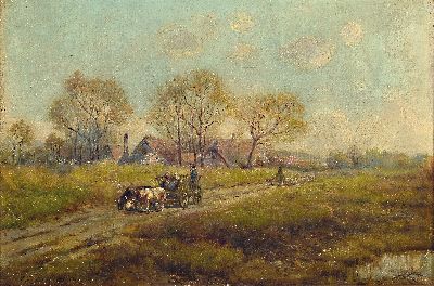 Julius Dielmann, 1862-1931 Frankfurt am Main, Schäfer mit seiner Herde auf der Landstraße, im Vordergrund ein Bauernwagen, im Hintergrund ...