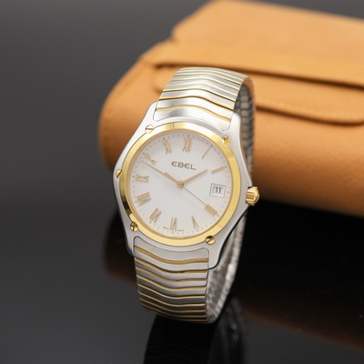 EBEL Classic Herrenarmbanduhr Referenz 1255F41.1, Schweiz um 2015, quarz, Edelstahlgeh. inkl. orig. Gliederband m. dopp. Faltschl., GG -Lünette ...