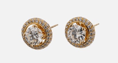 Paar 14 kt Gold Brillant-Ohrstecker, GG 585/000, 2 Brillanten zus. ca. 1.06 ct Weiß- l.get.Weiß/si1-2, abnehmbarer Kranz mit Brillanten zus. ca. ...