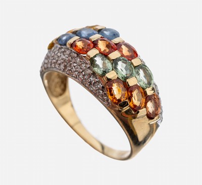 9 kt Gold Saphir-Diamant-Ring, GG 375/000, 15 ovalfacett. Saphire in versch. Farben zus. ca. 2.50 ct, 8/8-Diamanten zus. ca. 0.60 ct Weiß/si-p, RW ...