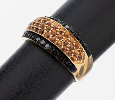 14 kt Gold Turmalin-Diamant-Ring, GG 585/000, rundfacett. orangefarb. Turmaline zus. ca. 0.50 ct, schwarze Diamanten (beh.) zus. ca. 0.10 ct, RW 57, ...