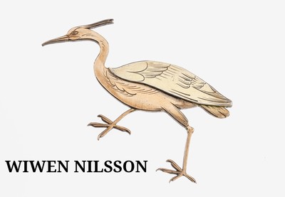 WIWEN NILSSON Brosche, Schweden 1952, 925erSilber, gelb- und rotvergoldet, Darstellung eines Reihers, sign., Nr. 1, Nilsson (1897- 1974), gilt als ...