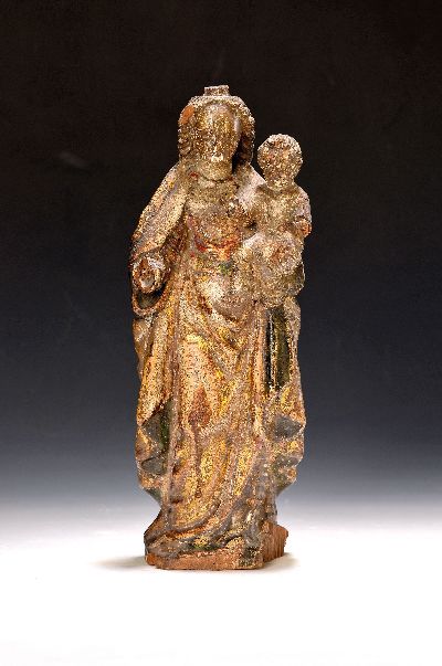 Bildschnitzerei der Muttergottes, 18.Jh., Holz vollplastisch geschnitzt, mindestens zwei farbige Fassungen, fragmentarisch, Reste alter Vergoldung, ...