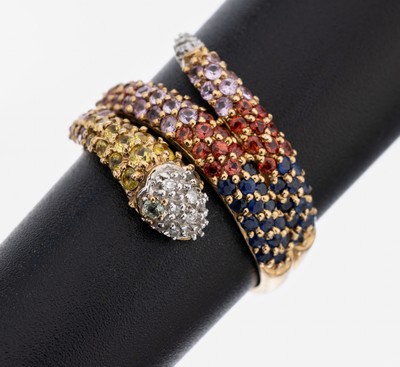 9 kt Gold Saphir-Diamant-Ring, GG 375/000, Schlange, rundfacett. Saphire in versch. Farben zus. ca. 1.20 ct, 8/8-Diamanten zus. ca. 0.05 ct ...