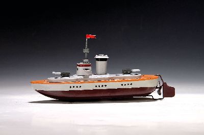Kriegsschiff, Arnold, Vorkriegszeit, Blech, partiell lackiert, Uhrwerkantrieb ohne Schlüssel, Rumpf bez. Made in Germany, Alterssp., L. 24,5 cm