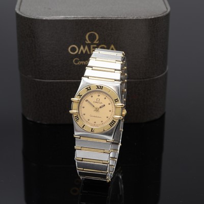 OMEGA Constellation Damenarmbanduhr Referenz 7951076, Schweiz um 1985, quarz, Gehäuse in Edelstahl u. Gold, Boden m. Darst. Sternwarte und grav. ...