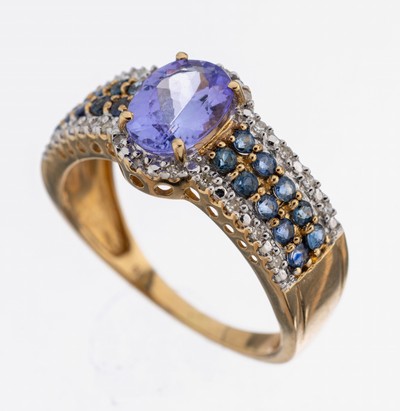 14 kt Gold Tansanit-Saphir-Diamant-Ring, GG585/000, ovalfacett. Tansanit ca. 1.0 ct, rundfacett. Saphire zus. ca. 0.30 ct, 8/8-Diamanten zus. ca. ...